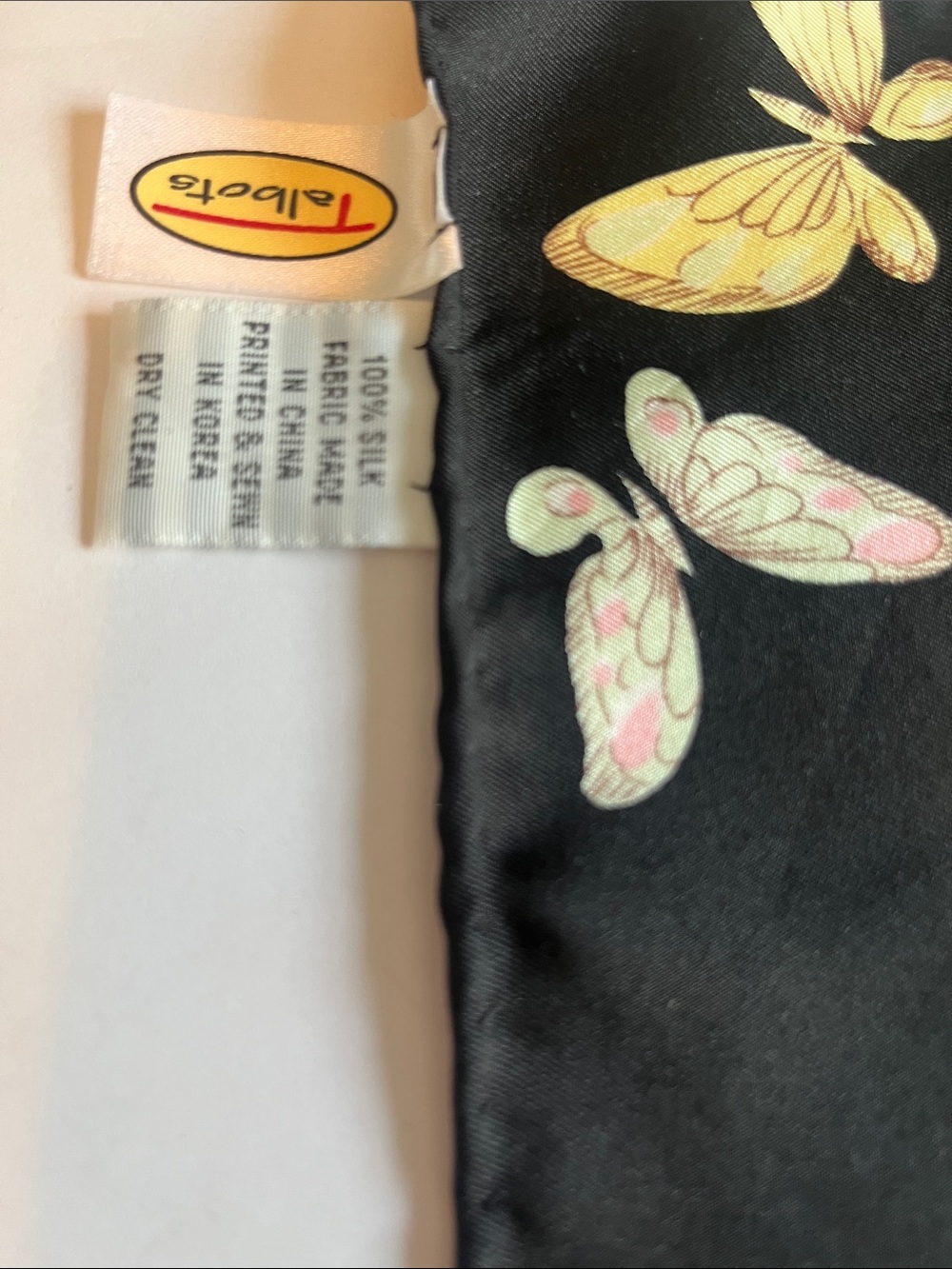 Talbots Black Silk Butterfly Scarf with Yellow and Pale Pink Accents